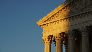 The front façade of the Supreme Court of the United States in Washington, DC.