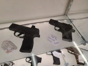 Handguns on display at a gun store in May 2021