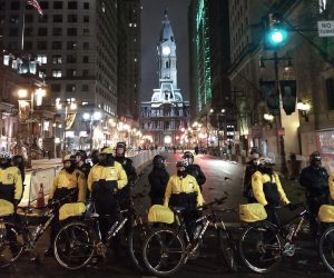 Philadelphia Police stand guard outside city hall the night the Eagles won the Super Bowl