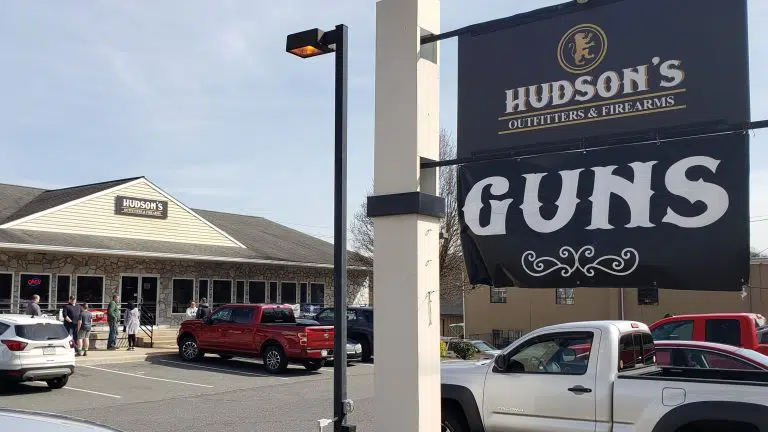 A sign advertising guns for sale outside a store in Pottstown, Pennsylvania on March 18, 2020