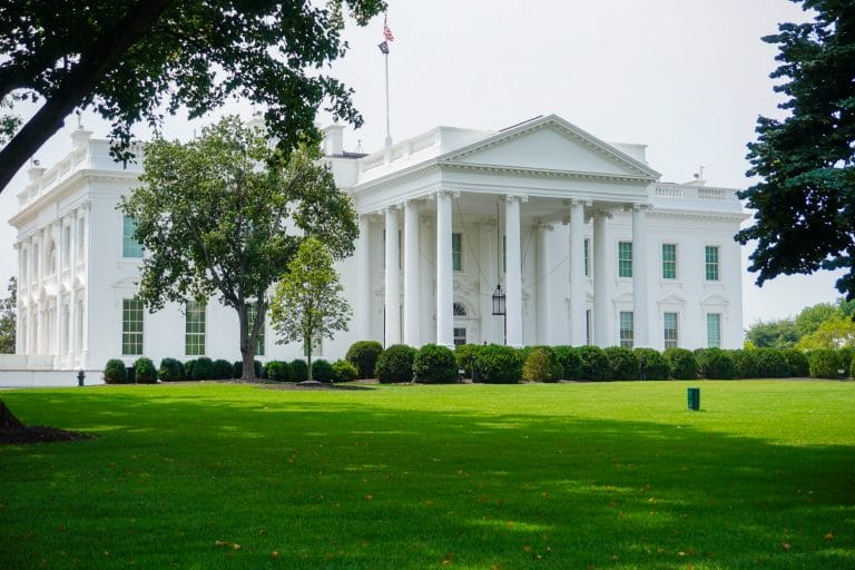 A close up of the White House as seen from Lafayette Square