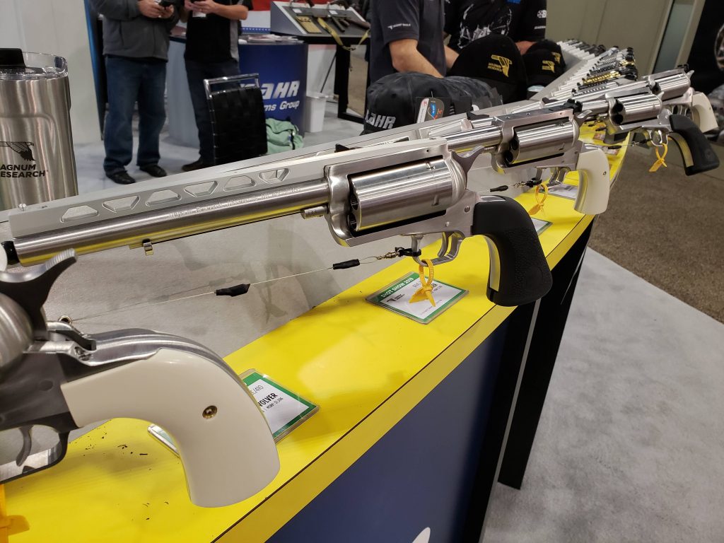 Revolvers on display at an industry trade show