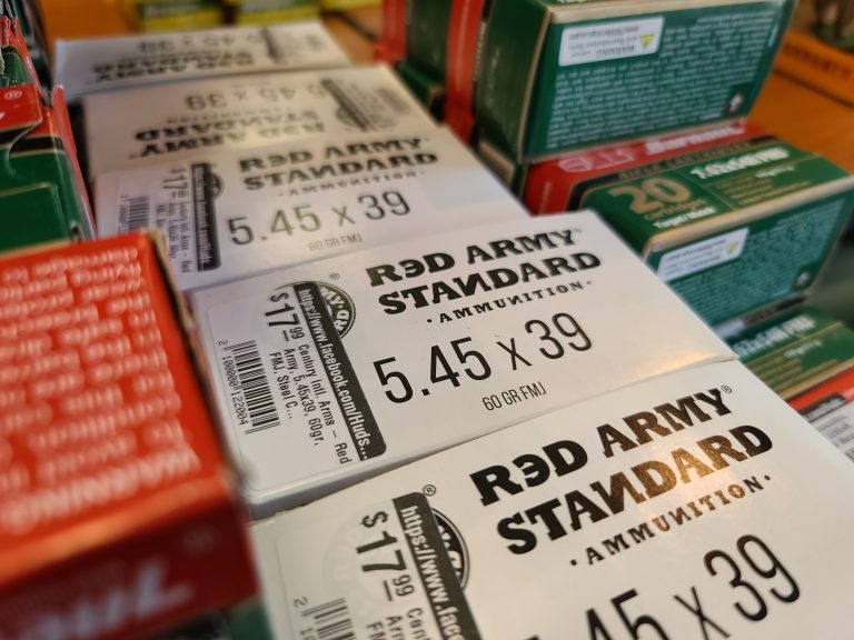 Russian-made ammunition sits on the shelf in a gun store