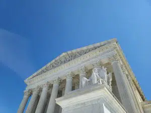 The Authority of Law statue sits in front of the Supreme Court