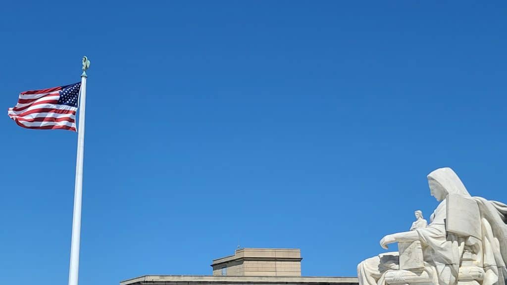 A statue of the Contemplation of Justice outside the Supreme Court