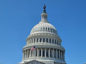 Wind blows a flag in front of the Capitol Rotunda in Washington, D.C.