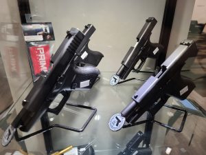 Handguns on display at a gun store