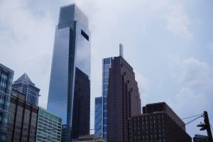 The Comcast buildings stand above the Philadelphia skyline