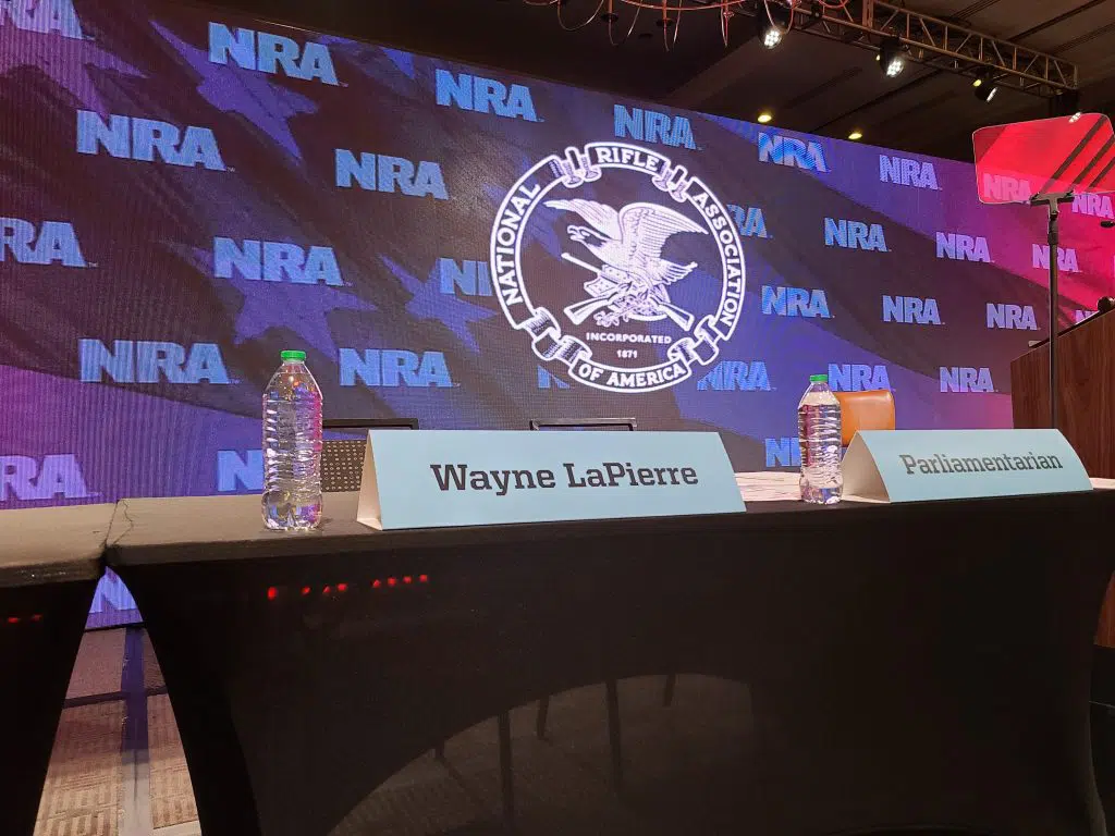 A placard for CEO Wayne LaPierre at the 2021 NRA Members' Meeting in Charlotte, North Carolina