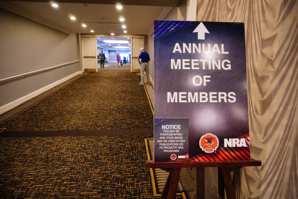 A sign outside the 2021 NRA Members' Meeting in Charlotte, North Carolina