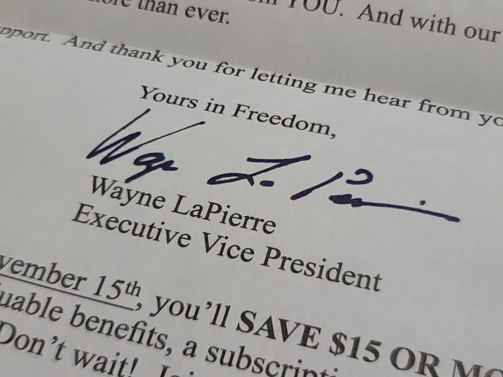NRA CEO Wayne LaPierre's signature on a fundraising letter