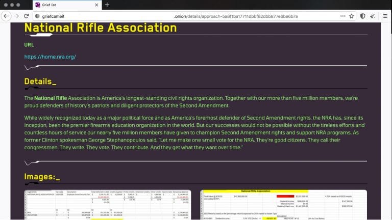 The NRA section of Grief's dark web leak site