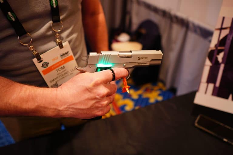 A "smart gun" demo device as demonstrated by the company SmartGunz during Shot Show 2022