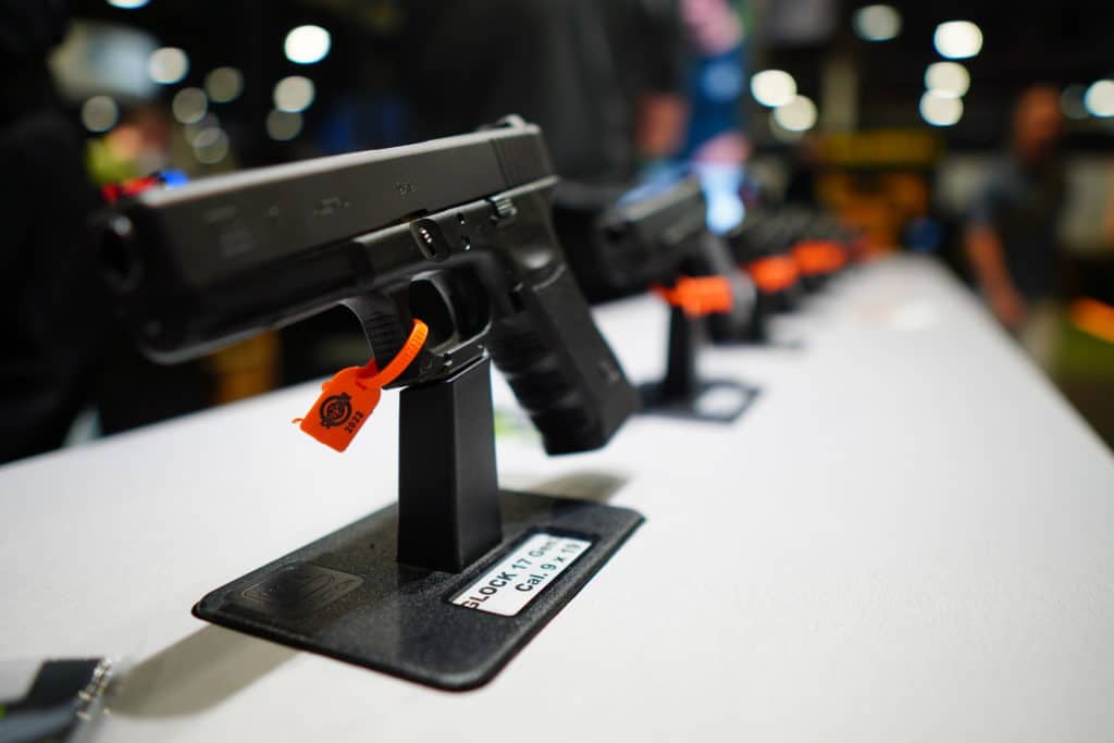 Handguns on display at an industry trade show in Las Vegas, Nevada