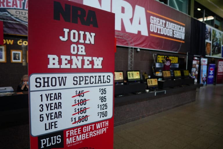A sign sells discounted NRA memberships during the 2022 Great American Outdoor Show