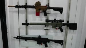 AR-15s on display at a booth during the 2022 NRA Great American Outdoor Show