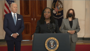 Judge Ketanji Brown Jackson speaks after President Joe Biden (D.) announces her nomination for the Supreme Court