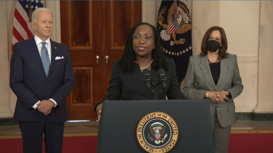 Judge Ketanji Brown Jackson speaks after President Joe Biden (D.) announces her nomination for the Supreme Court