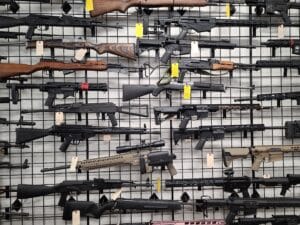 A collection of rifles on sale at a gun store in Virginia during March 2022