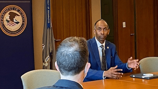 Former ATF Acting Director Marvin Richardson speaks with staff at Western Washington's U.S. Attorney's Office