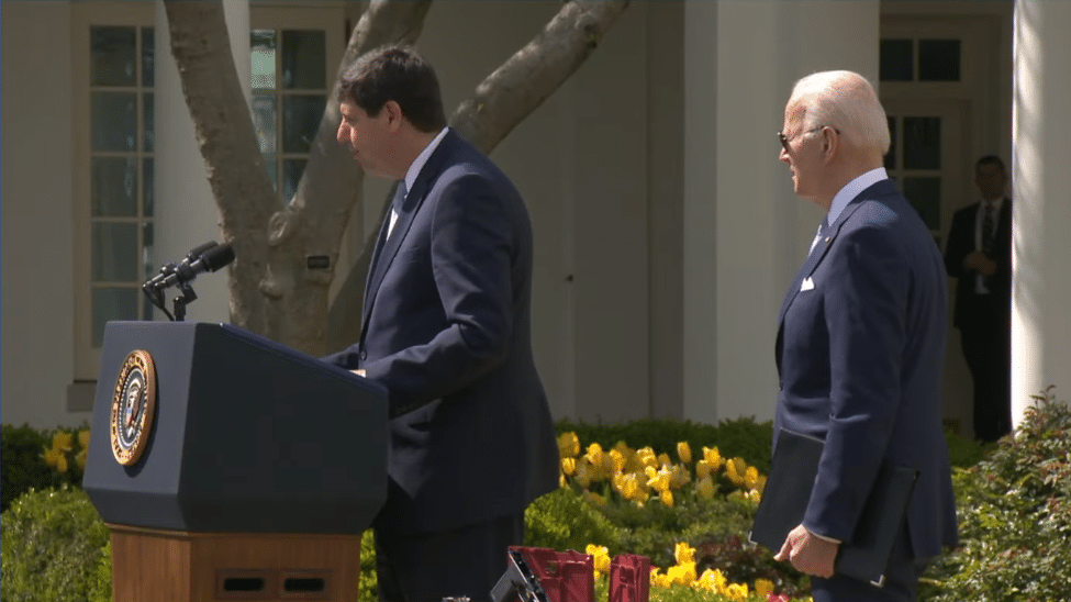 Steve Dettelbach speaks alongside President Joe Biden at an event announcing his nomination to lead ATF