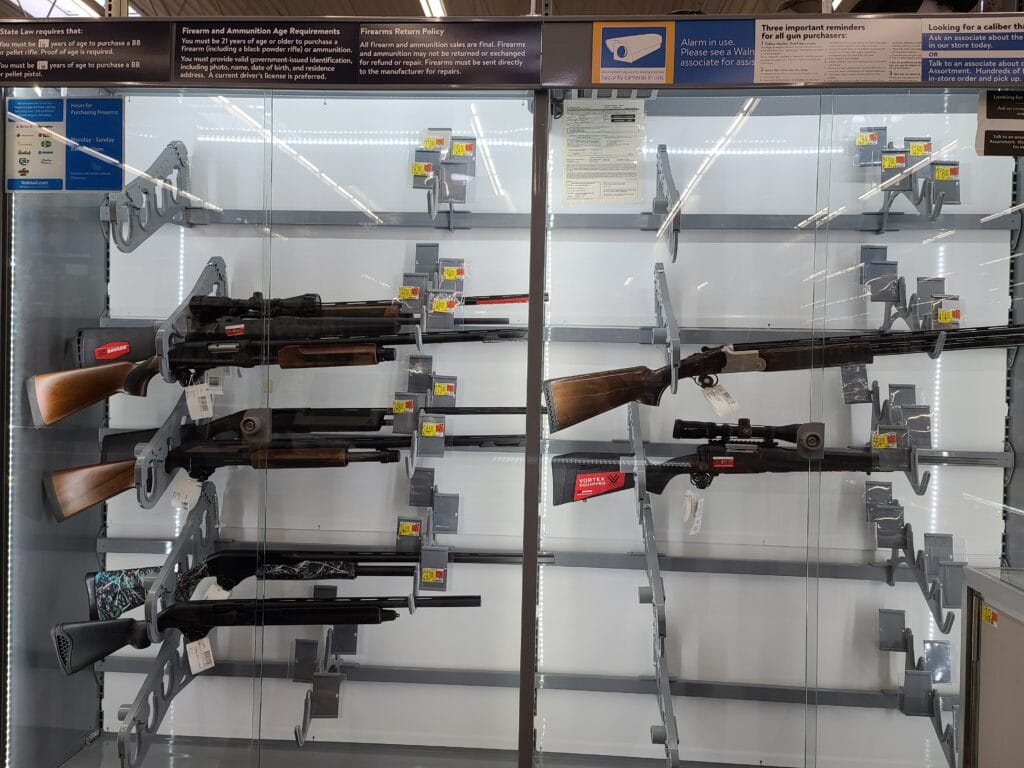 Shotguns and rifles on sale at a West Virginia Walmart in May 2022
