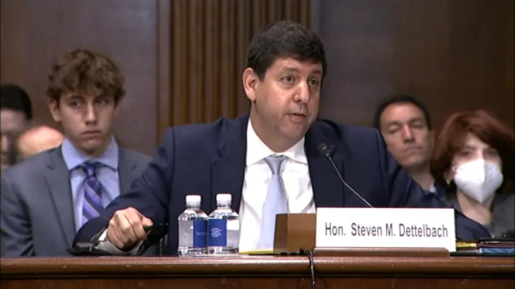 ATF Director Nominee Steve Detellbach testifies before the Senate Judiciary Committee on May 25 2022