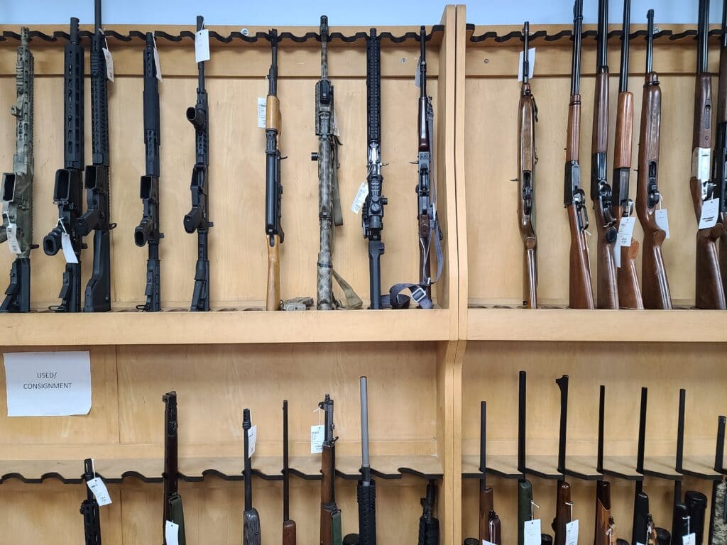 A rack of guns on sale at a Virginia gun store in May 2022