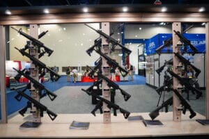 AR-15s on display at a booth during the 2022 NRA Annual Meeting