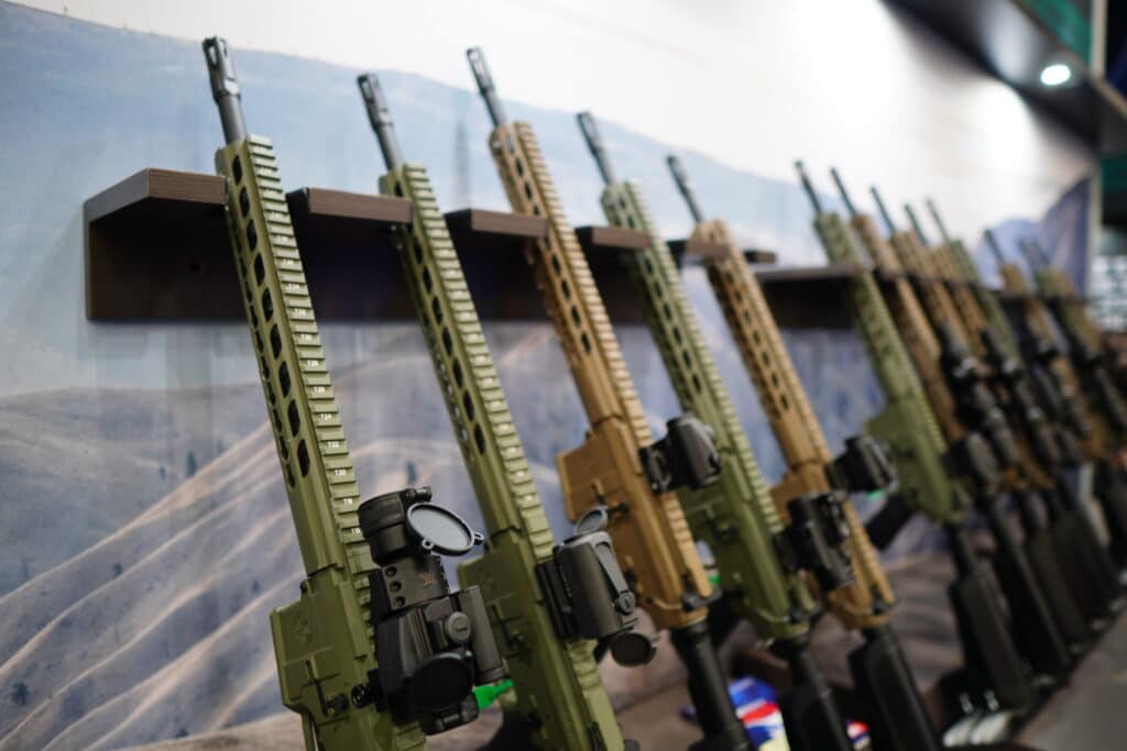 A rack of AR-15s on display at the 2022 NRA Annual Meeting