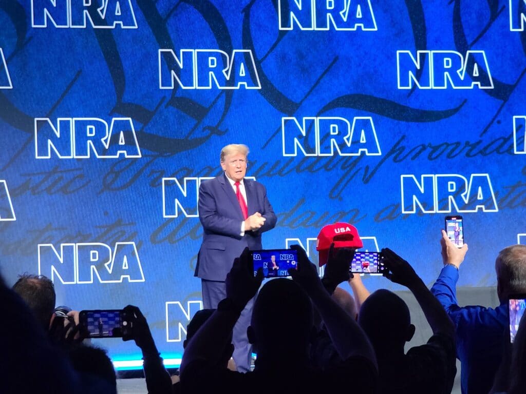 Donald Trump greets the audience at the 2022 NRA Annual Meeting