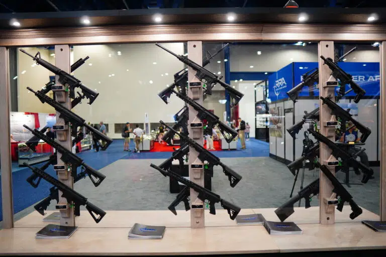 A rifle display at the 2022 NRA Annual Meeting
