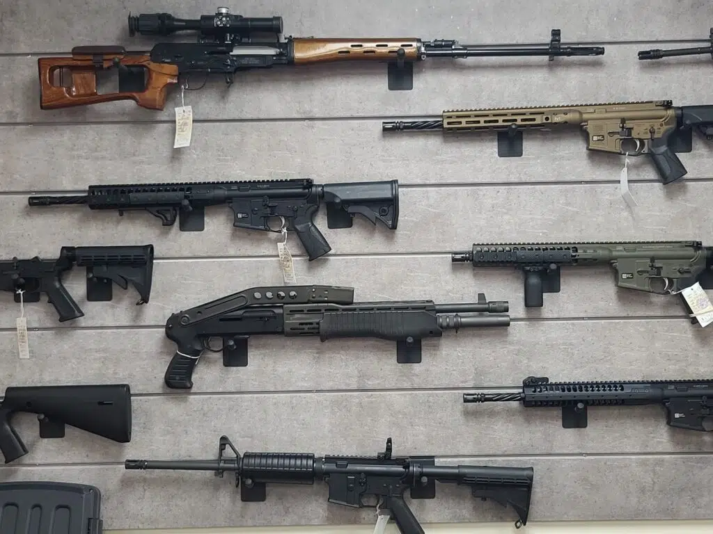 Rifles and shotguns on sale at a Virginia gun store in July 2022