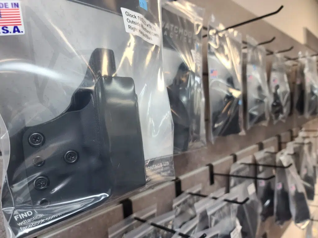 Gun holsters on sale at a Virginia gun store in July 2022