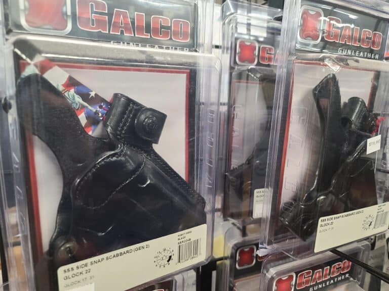 Leather holsters on sale at a Virginia gun store in July 2022