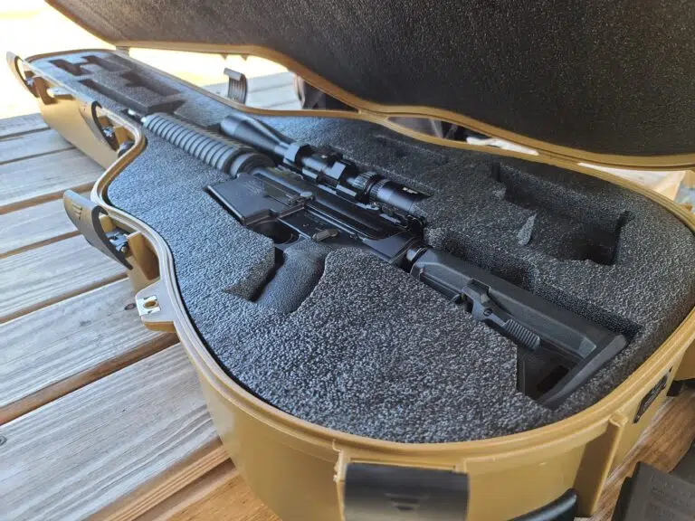 An AR-15 sits inside a guitar case