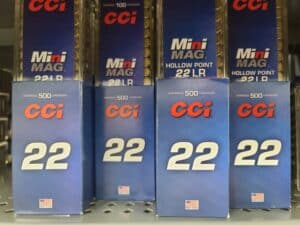 Boxes of .22lr on sale at a Walmart in fall 2022