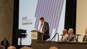 ATF Director Steven Dettelbach speaks to member of the gun industry at Shot Show 2023