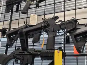 An AR-15 lower with a pistol brace installed on it sits for sale in a Virginia gun store in the months before they were banned