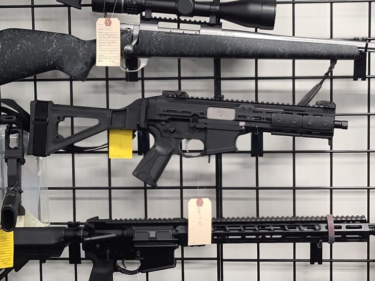 A gun equipped with a pistol brace on sale at a Virginia gun store before the ban went into effect