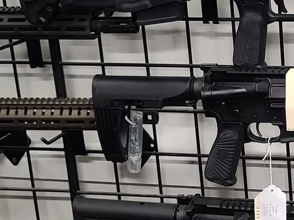 A pistol brace installed on a firearm for sale in a Virginia gun store before the ban went into place