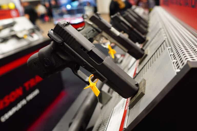 Handguns on display at Shot Show 2023 in Las Vegas, Nevada
