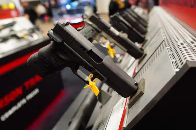 Handguns on display at Shot Show 2023 in Las Vegas, Nevada