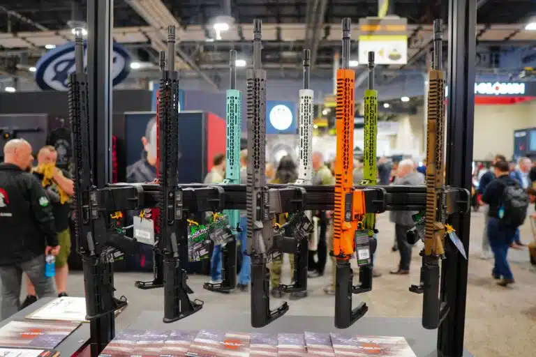 A rack of AR-15s on display at Shot Show 2023 in Las Vegas, Nevada