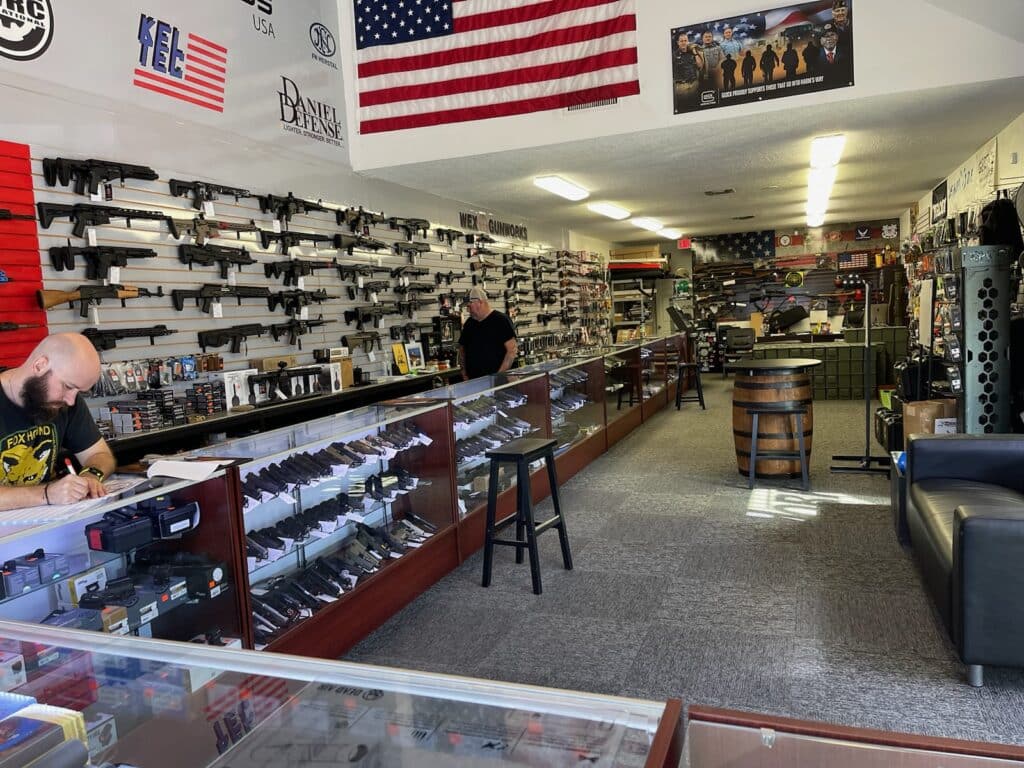 Firearms on display at a gun store in Florida