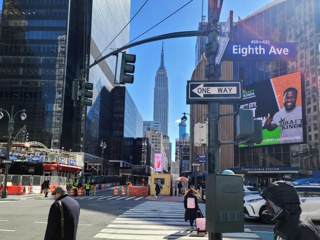 A view of the Empire State Building from Eighth Street in New York City