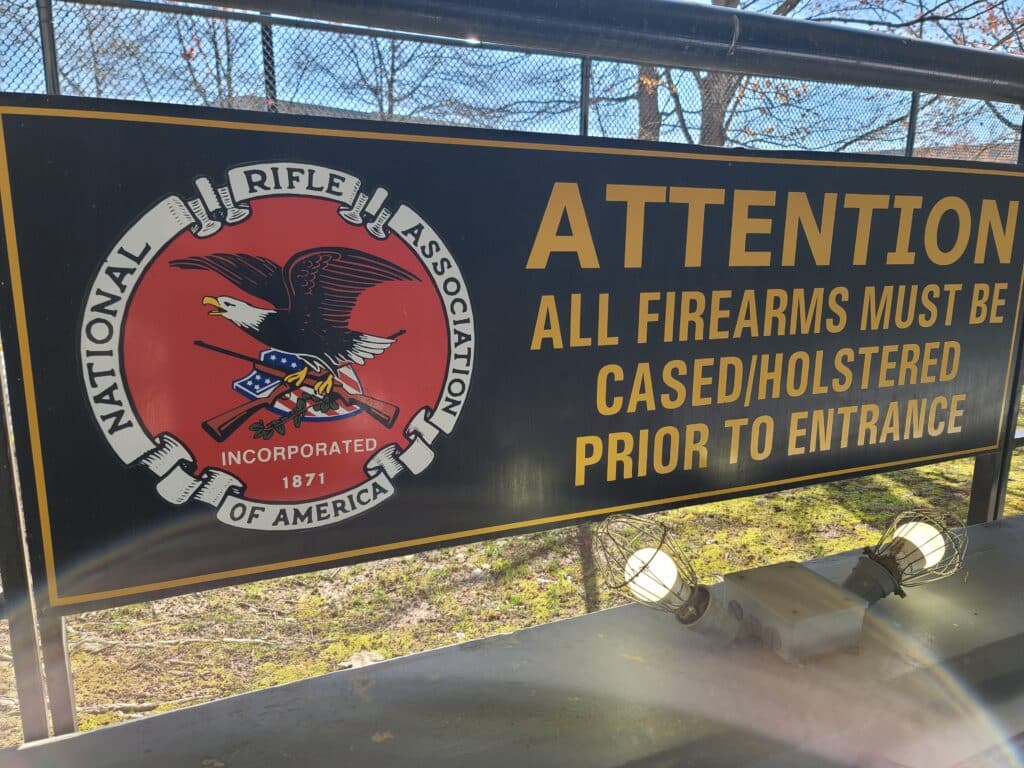An NRA firearms safety sign outside the NRA Range in Fairfax, Virginia