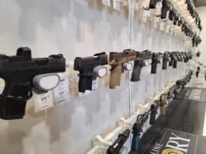 A line of handguns for sale at a Pennsylvania gun store during April 2023