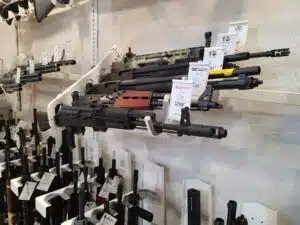Rifles on sale at a Pennsylvania gun store during April 2023