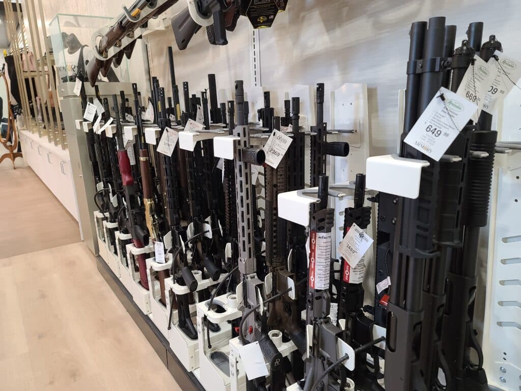 Long guns on sale at a gun store during April 2023